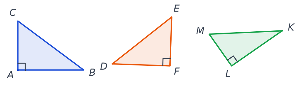Trois triangles rectangles codés : ABC rectangle en A, DEF rectangle en F et KLM rectangle en L, ce dernier tourné