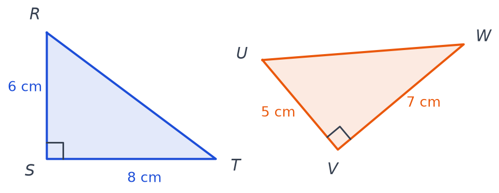 Triangle RST rectangle en S avec RS égal à 6 cm et ST égal à 8 cm, triangle UVW rectangle en V avec UV égal à 5 cm et VW égal à 7 cm