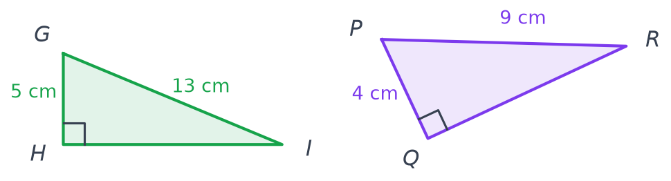 Triangle GHI rectangle en H avec GH égal à 5 cm et GI égal à 13 cm, triangle PQR rectangle en Q avec PQ égal à 4 cm et PR égal à 9 cm