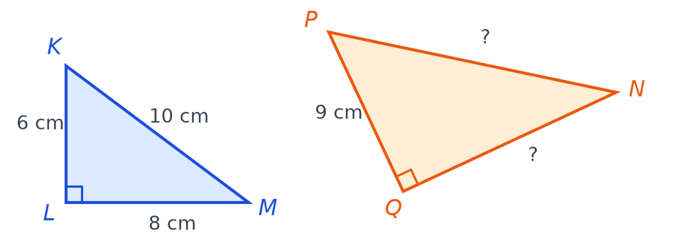 Triangle KLM rectangle en L de côtés 6, 8 et 10 cm, et triangle PQN rectangle en Q avec PQ égal à 9 cm