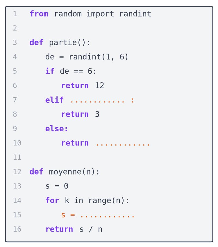 Programme Python avec les fonctions partie et moyenne, dont les lignes 7, 10 et 15 sont à compléter