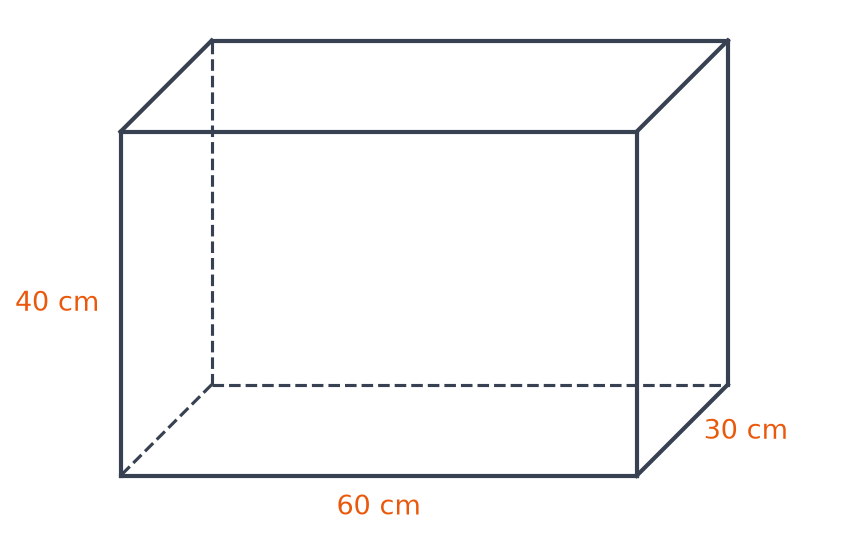 Aquarium en forme de pavé droit en perspective cavalière, 60 cm de long, 30 cm de large et 40 cm de haut