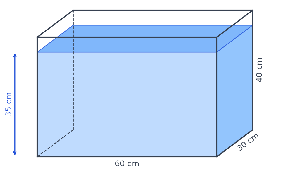 Aquarium en forme de pavé droit de 60 cm sur 30 cm et 40 cm de haut, rempli d'eau jusqu'à 35 cm