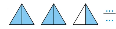 Trois triangles partagés en deux Trois triangles partagés en deux parts : deux entièrement bleus et un à moitié bleu — exercice de maths en 5ème sur les fractions