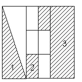 Carré découpé en pièces hachurées Carré découpé en pièces numérotées 1, 2 et 3 dont certaines sont hachurées — exercice de maths en 5ème sur les fractions