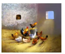 Basse-cour de Pérette Peinture d'une basse-cour avec des poules et des canards dans une grange — exercice de maths en 5ème sur les fractions