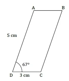 Parallélogramme ABCD à construire Parallélogramme ABCD avec AD = 5 cm, DC = 3 cm et angle en D de 67 degrés — exercice de maths en 5ème sur le parallélogramme