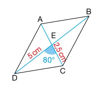 Parallélogramme ABCD de centre E Parallélogramme ABCD de centre E avec EA = 5 cm, EC = 2,5 cm et un angle de 80 degrés — construction en 5ème