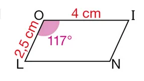 Parallélogramme LOIN, angle de 117° Parallélogramme LOIN avec OI = 4 cm, LO = 2,5 cm et un angle de 117 degrés en O — propriétés du parallélogramme en 5ème