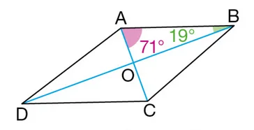 Parallélogramme ABCD, angles 71° et 19° Parallélogramme ABCD de centre O avec angles OAB de 71 degrés et OBA de 19 degrés — propriétés du parallélogramme en 5ème