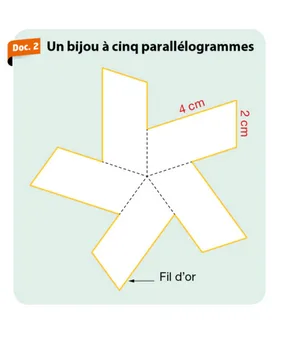 Bijou à cinq parallélogrammes Bijou en étoile formé de cinq parallélogrammes de 4 cm sur 2 cm bordés de fil d'or — problème de maths en 5ème