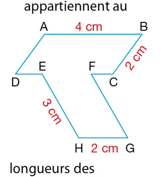 Deux parallélogrammes ABCD et EFGH Figure formée de deux parallélogrammes ABCD et EFGH avec AB = 4 cm, BC = 2 cm, EH = 3 cm, HG = 2 cm