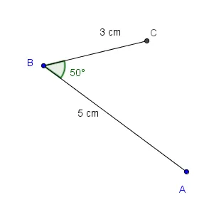 Données du parallélogramme ABCD Points A, B, C avec BC = 3 cm, BA = 5 cm et un angle de 50 degrés en B pour le parallélogramme ABCD