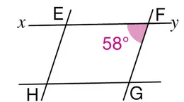 Parallélogramme EFGH, angle de 58° Parallélogramme EFGH entre deux droites parallèles avec un angle de 58 degrés en F — mesure d'angles en 5ème
