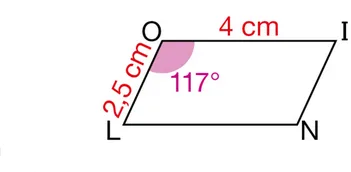 Parallélogramme LOIN et périmètre Parallélogramme LOIN avec OI = 4 cm, OL = 2,5 cm et un angle de 117 degrés en O — périmètre en 5ème