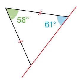 Triangle et axe de symétrie rouge Triangle isocèle avec angles de 58 et 61 degrés à compléter par symétrie par rapport à une droite rouge