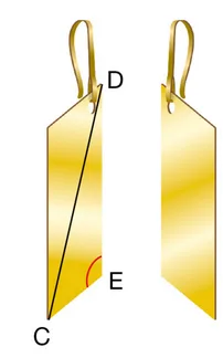 Boucles d’oreilles dorées en parallélogramme Deux boucles d’oreilles dorées en forme de parallélogramme avec les points C, D et E repérés — exercice de maths en 5ème sur la construction de parallélogrammes