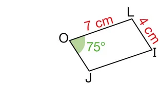 Parallélogramme JOLI avec angle de 75 degrés Parallélogramme JOLI avec OL = 7 cm, LI = 4 cm et un angle de 75 degrés en O — exercice de maths en 5ème sur la construction de parallélogrammes