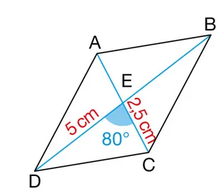 Parallélogramme ABCD avec ses diagonales Parallélogramme ABCD avec diagonales se coupant en E, DE = 5 cm, EC = 2,5 cm et un angle de 80 degrés — exercice de maths en 5ème sur la construction de parallélogrammes
