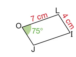 Parallélogramme JOLI avec angle de 75° Parallélogramme JOLI avec OL = 7 cm, LI = 4 cm et un angle de 75 degrés en O — construction de parallélogramme en 5ème