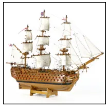 Maquette de voilier ancien Maquette d’un grand voilier ancien en bois avec trois mâts et des voiles blanches — exercice de maths en 5ème sur la proportionnalité et l’échelle