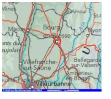 Carte routière autour de Bourg-en-Bresse Extrait de carte routière montrant Bourg-en-Bresse, Mâcon, Villefranche-sur-Saône et Villeurbanne — exercice de maths en 5ème sur la proportionnalité et l’échelle