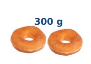 Deux beignets, 300 g Deux beignets dorés posés côte à côte pesant ensemble 300 grammes — exercice de maths en 5ème sur la proportionnalité