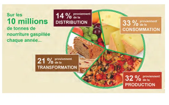 Répartition de la nourriture gaspillée Infographie circulaire des 10 millions de tonnes de nourriture gaspillée : distribution 14 %, consommation 33 %, transformation 21 %, production 32 % — exercice de maths en 5ème sur la proportionnalité et les pourcentages