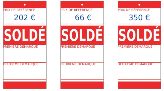 Étiquettes à deux démarques Trois étiquettes de soldes à compléter avec prix de référence 202 €, 66 € et 350 € et deux démarques successives — exercice de maths en 5ème sur la proportionnalité et les pourcentages