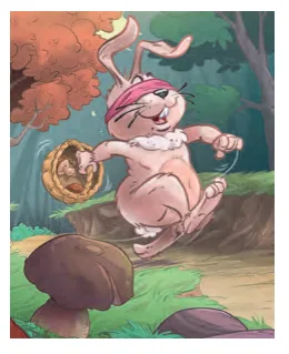 Lapin Anatole cueillant des cèpes Lapin cartoon aux yeux bandés portant un panier de cèpes dans la forêt près d’un gros champignon — exercice de maths en 5ème sur la proportionnalité et les pourcentages de masse