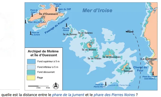 Carte de la mer d’Iroise Carte de la mer d’Iroise avec l’archipel de Molène, l’île d’Ouessant, les phares et l’échelle graphique 2 km et 4 km — exercice de maths en 5ème sur la proportionnalité et l’échelle d’une carte