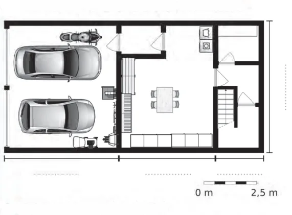 Plan du rez-de-chaussée d’une maison Plan du rez-de-chaussée d’une maison avec garage, deux voitures, une moto, cuisine, escalier et échelle 0 m à 2,5 m — exercice de maths en 5ème sur la proportionnalité et l’échelle d’un plan