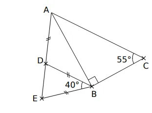 Triangle avec points A, B, C, D, E Triangle ACE avec le point D, le point B, un angle droit en B, un angle de 55° en C et de 40° en B — exercice de maths en 5ème sur les angles et le parallélisme