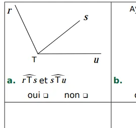 Angles rTs et sTu en T Demi-droites TR, TS et TU issues du point T formant les angles rTs et sTu — exercice de maths en 5ème sur les angles adjacents