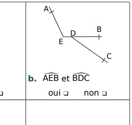Angles AEB et BDC Points A, E, D, B, C avec les angles AEB et BDC tracés — exercice de maths en 5ème sur les angles adjacents