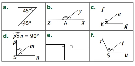Six figures d’angles marqués Six figures a à f d’angles marqués : angles de 45°, angle plat, angle droit, angle pSn de 90° — exercice de maths en 5ème sur les angles adjacents, complémentaires et supplémentaires