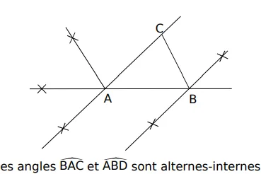 Droites parallèles et points A, B, C Deux droites parallèles coupées par deux sécantes avec les points A, B, C et des codages — exercice de maths en 5ème sur les angles alternes-internes et correspondants
