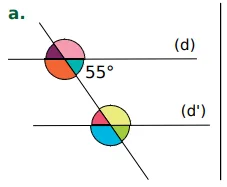 Cas a : angle de 55° Deux droites parallèles (d) et (d’) coupées par une sécante avec huit angles colorés dont un de 55° — exercice de maths en 5ème sur les angles et le parallélisme