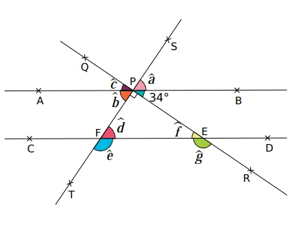 Angles a à g, droites parallèles Droites parallèles (AB) et (CD) coupées par deux sécantes avec des angles a, b, c, d, e, f, g et un angle de 34° — exercice de maths en 5ème sur les angles et le parallélisme