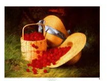 Panier de cerises et chapeau de paille Panier en osier renversé rempli de cerises rouges à côté d’un chapeau de paille — exercice de maths en 4ème sur les fractions et masse de cerises