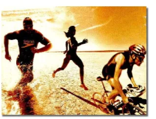 Triathlètes nageur, coureuse et cycliste Trois triathlètes nageur, coureuse et cycliste sur une plage au coucher du soleil — exercice de maths en 4ème sur les fractions et triathlon
