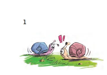 Deux escargots sur l’herbe Deux escargots dessinés sur l’herbe, l’un à coquille bleue et l’autre à coquille rose surpris — exercice de maths en 4ème sur les fractions