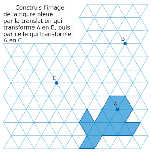 Figure bleue sur réseau triangulaire Réseau triangulaire avec une figure bleue en forme de poisson et points A, B, C — exercice de maths en 4ème sur la translation