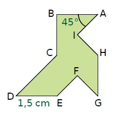 Figure verte ABCDEFGHI Polygone vert avec sommets A à I, angle de 45° en A et ED = 1,5 cm — exercice de maths en 4ème sur la translation
