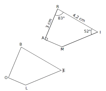 Quadrilatères RAMI et BELO Quadrilatères RAMI et BELO, angles 83°, 52°, 90°, côtés 3 cm et 4,2 cm — exercice de maths en 4ème sur la translation