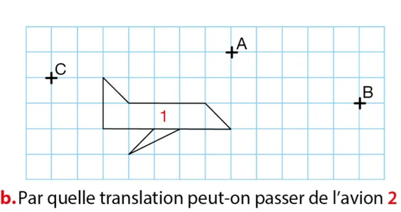 Avion 1 et points A, B, C Avion numéro 1 sur quadrillage avec les points A, B et C — exercice de maths en 4ème sur la translation