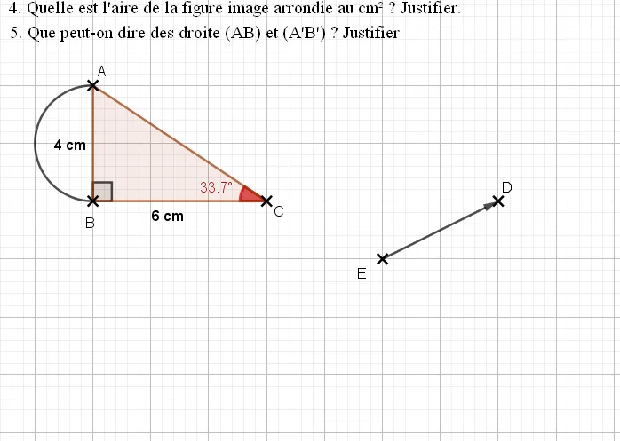 Triangle ABC, demi-cercle et vecteur ED Triangle ABC rectangle en B, demi-cercle sur AB, AB = 4 cm, BC = 6 cm et vecteur ED — exercice de maths en 4ème sur la translation