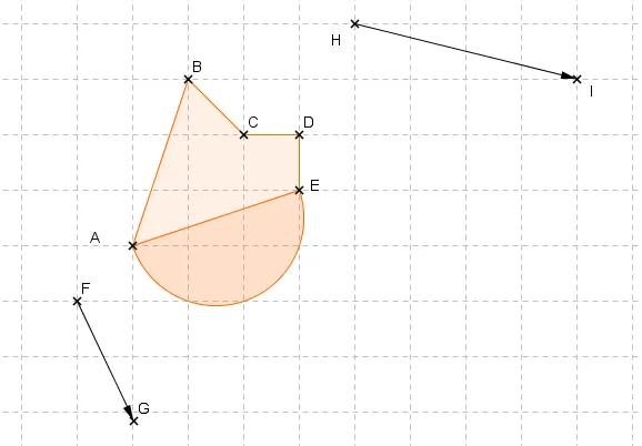 Figure orange et vecteurs FG, HI Figure orange ABCDE avec demi-disque et deux vecteurs FG et HI — exercice de maths en 4ème sur la translation