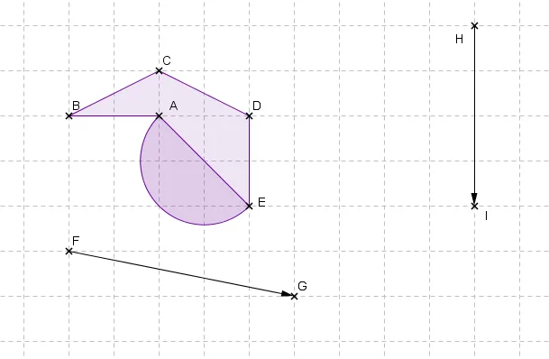 Figure violette et vecteurs FG, HI Figure violette ABCDE avec demi-disque et deux vecteurs FG et HI — exercice de maths en 4ème sur la translation