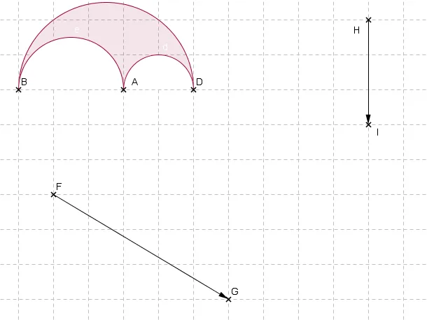 Figure rouge et vecteurs FG, HI Figure rouge formée de demi-cercles entre B, A, D et deux vecteurs FG et HI — exercice de maths en 4ème sur la translation